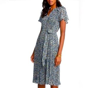 Ann Taylor Petite Floral Pleated Midi Dress with Waist Tie
